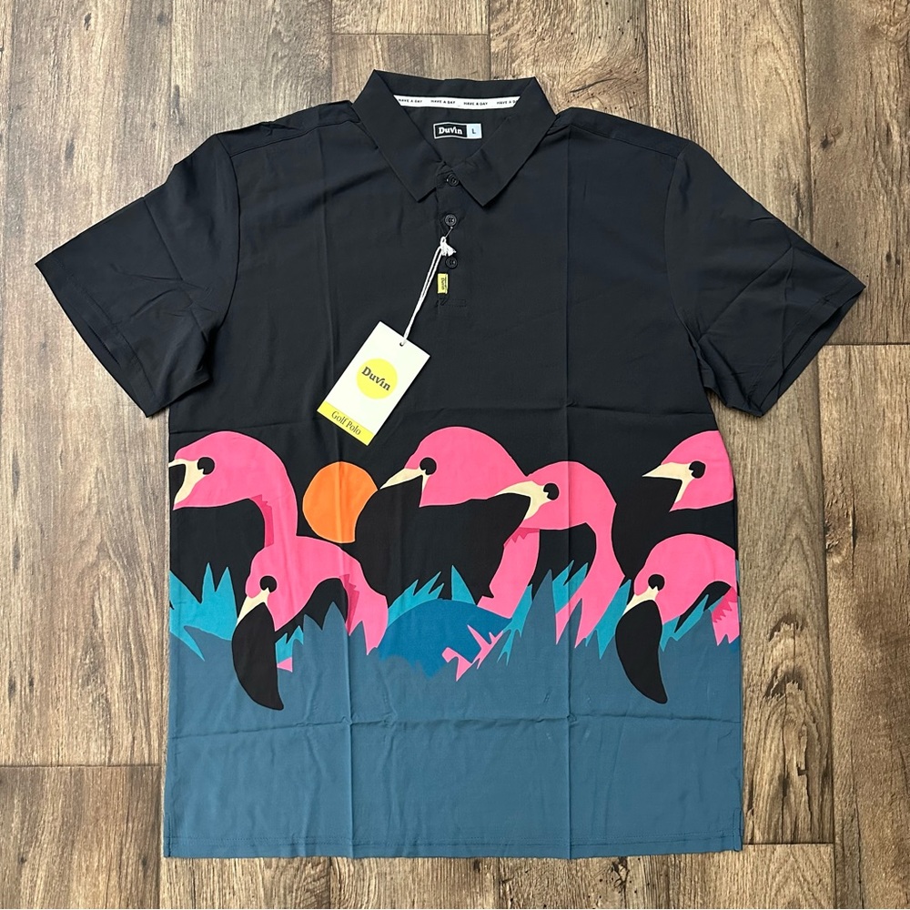 Duvin Design Beach Club Flamingo Featherweight Golf Polo Men’s Size L